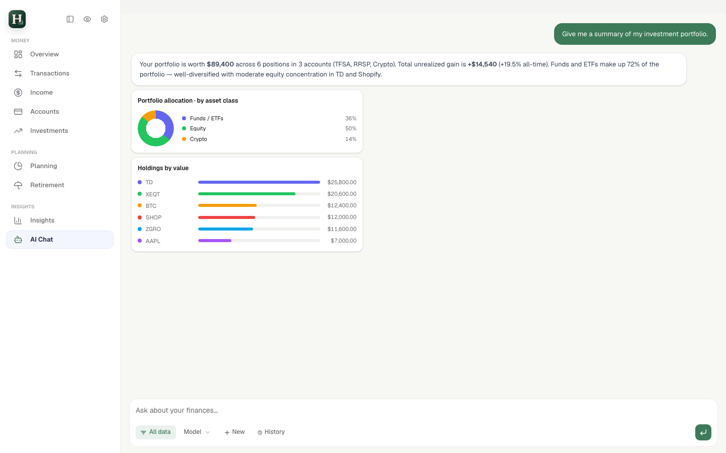 Hunch AI chat showing portfolio analysis with allocation breakdown