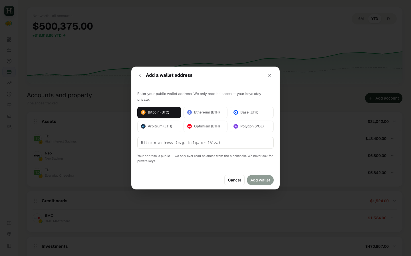 Hunch connect-crypto dialog showing the six-chain wallet picker